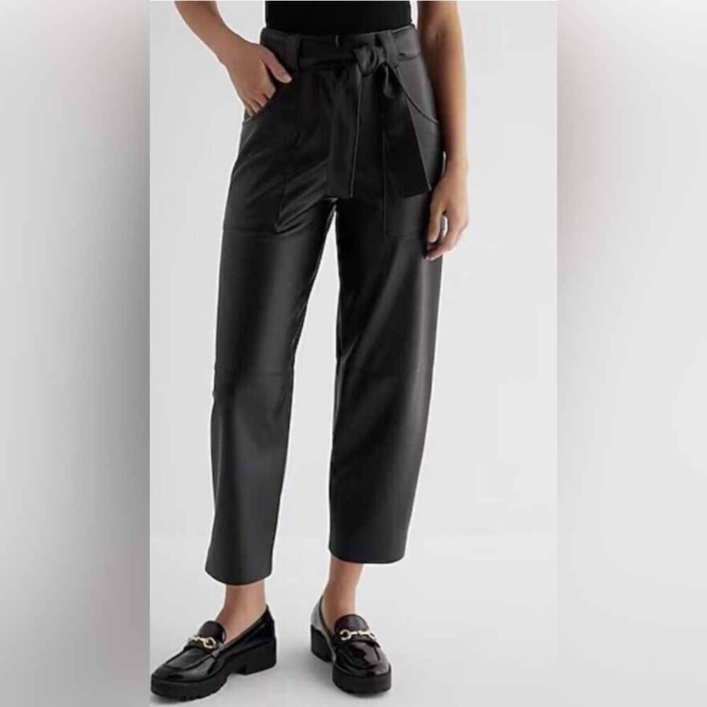 Express High Waisted Faux Leather Belted Utility Ankle Black Leather Pants